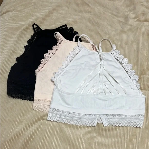 Lace Trim Halter Bralette Bundle- Black, Cream, White - Picture 2 of 3